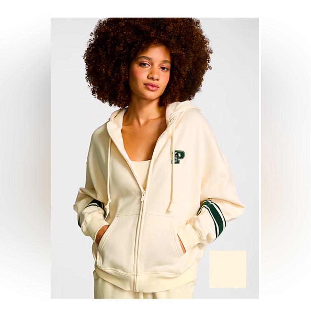 Pink Victoria’s Secret Ivy Fleece Campus Full-Zip Hoodie,White Shell Color,Sz L